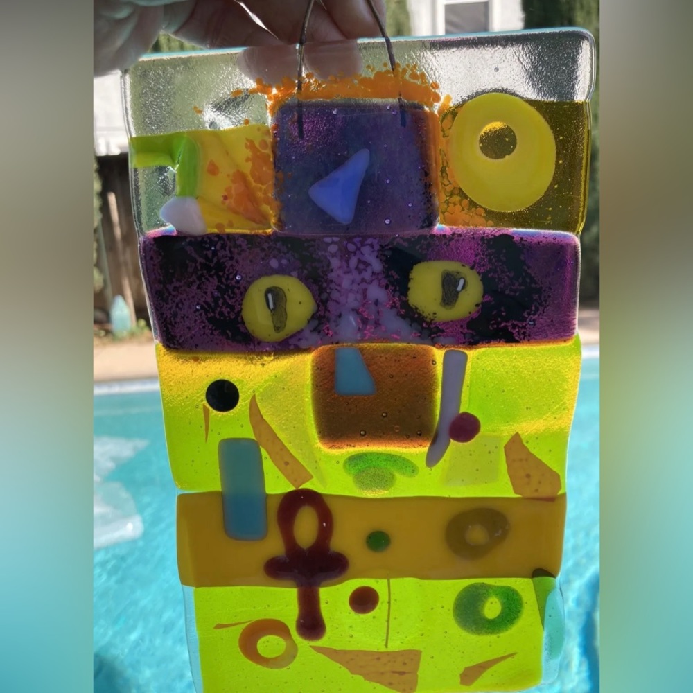Handmade Original Glass Hanging Plaque “Mummies Cat” 9”x5”